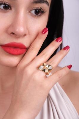 14 Ayar Altın Geniş İki Sıra Piramit Tasarım Yüzük - Mars Kuyumculuk