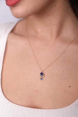 14 Ayar Altın Lacivert Sallantı Minimal Etnik Kolye - 2