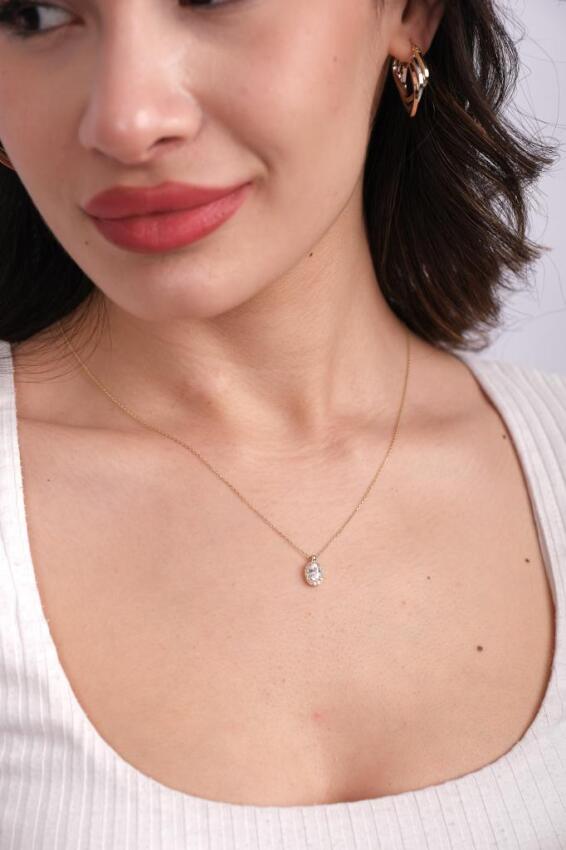 14 Ayar Altın Minimal Zarif Damla Baget Kolye - 3