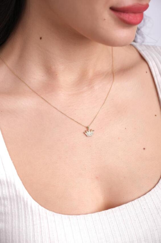 14 Ayar Altın Taşlı Minimal Zarif Kral Tacı Kolye - 1