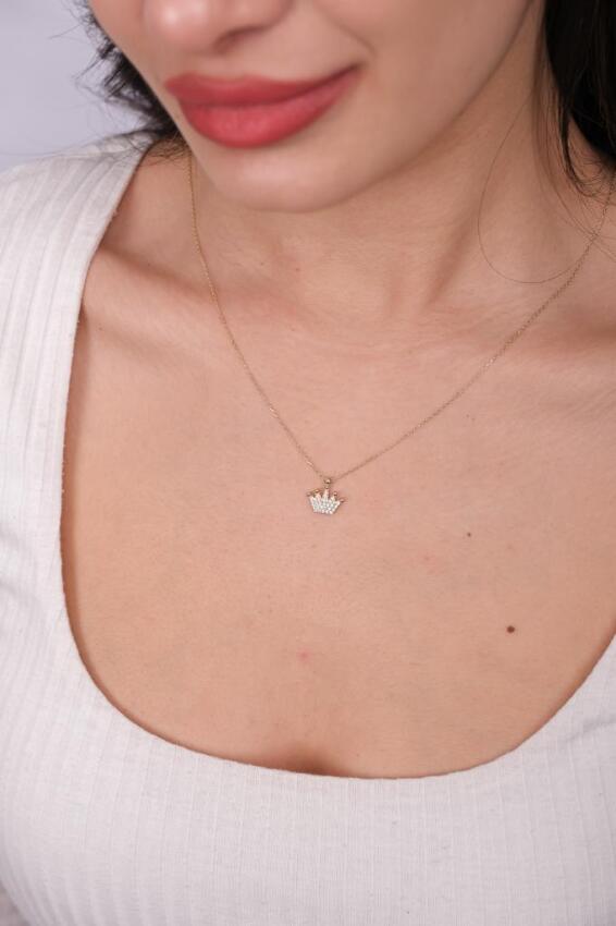 14 Ayar Altın Taşlı Minimal Zarif Kral Tacı Kolye - 2